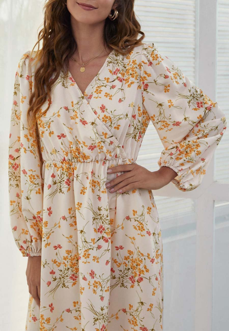 Surplice Neck Floral Midi Dress
