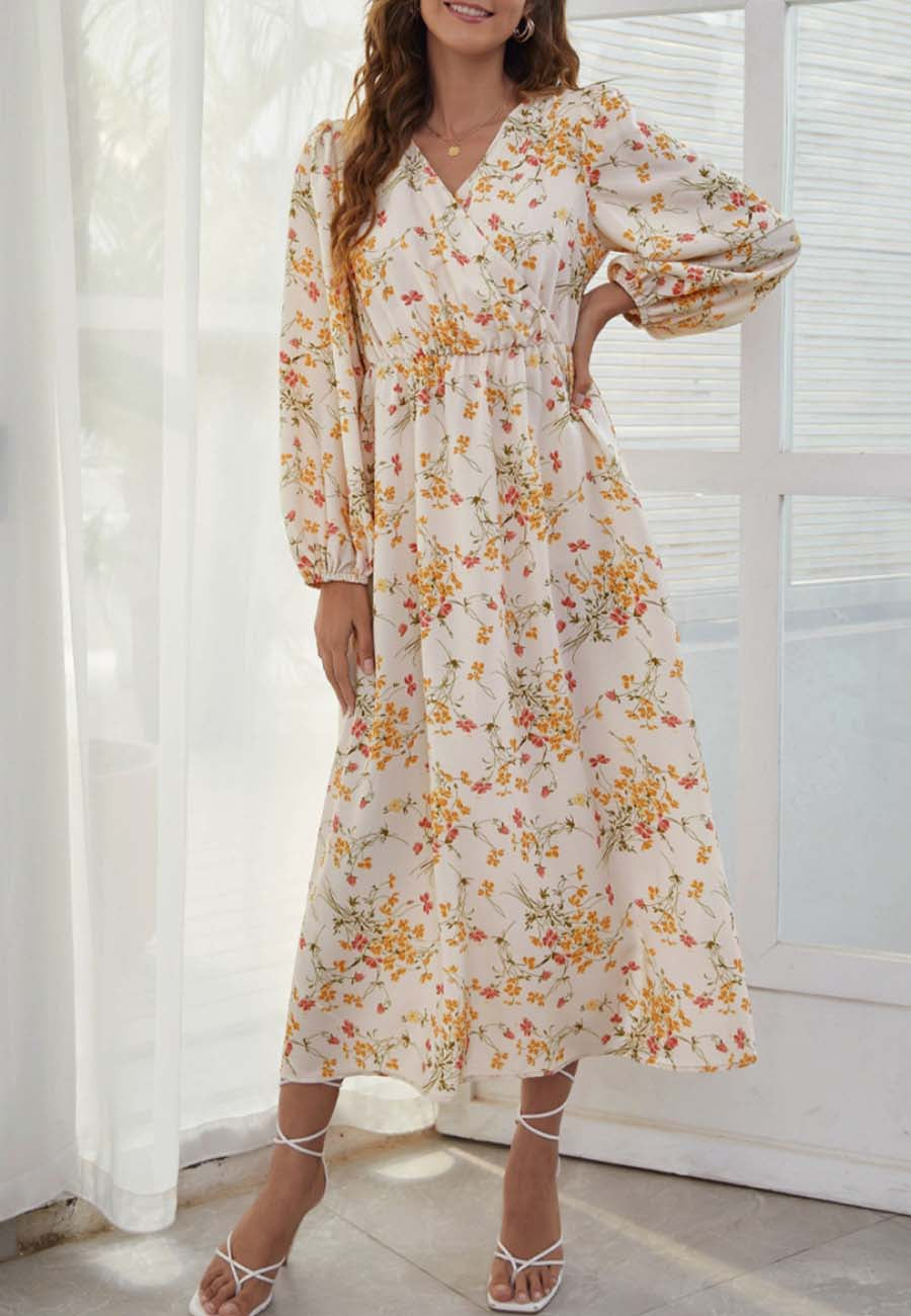 Surplice Neck Floral Midi Dress