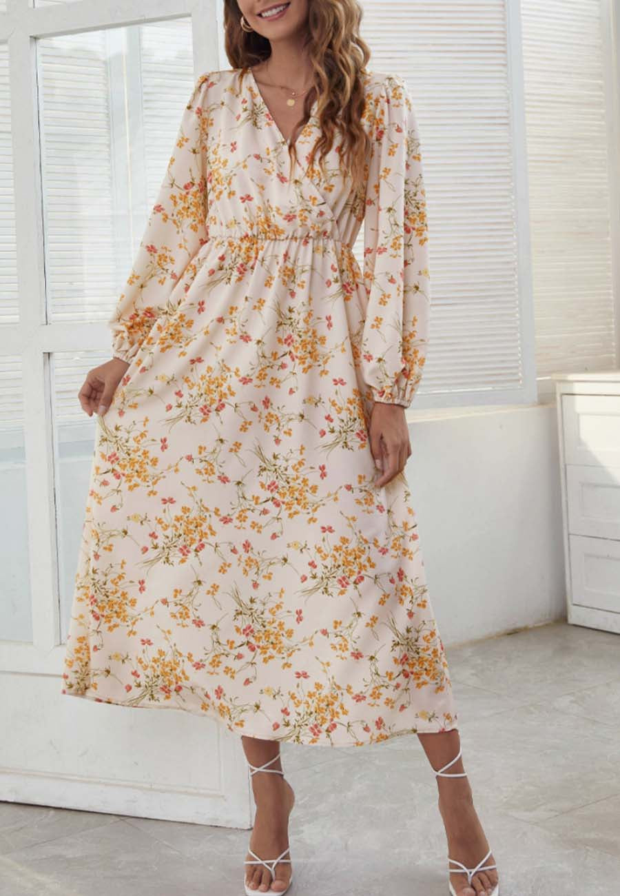 Surplice Neck Floral Midi Dress