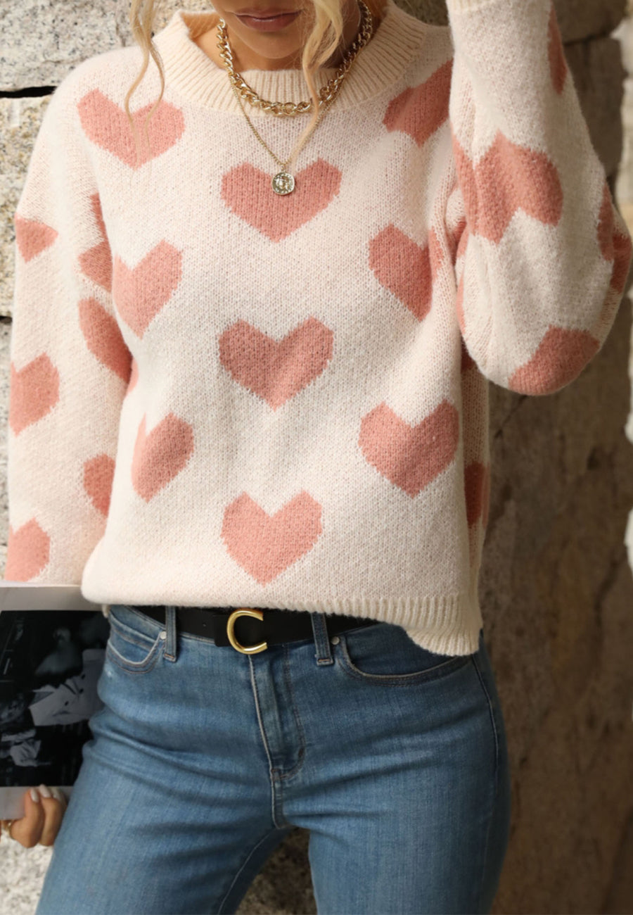 Heart Print Drop Shoulder Sweater
