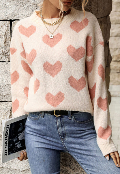Heart Print Drop Shoulder Sweater