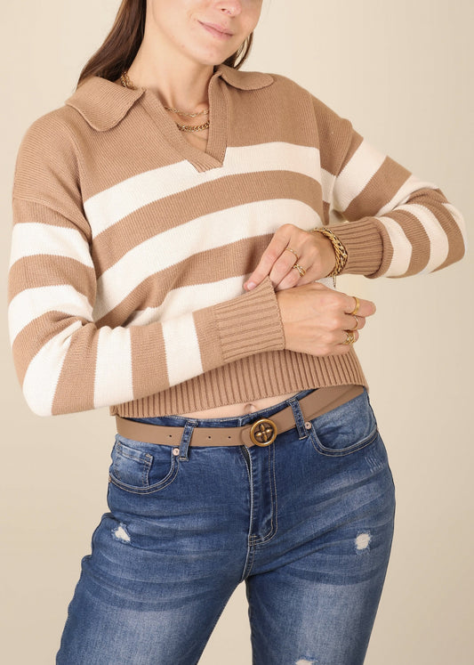 Striped Pattern Collared Preppy Sweater