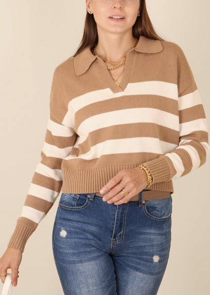 Striped Pattern Collared Preppy Sweater