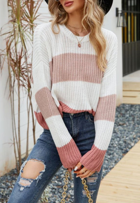 Textured Knit Striped Basic Sweater