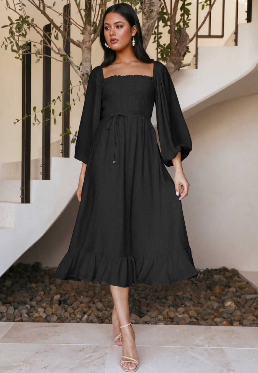 Square Neck Shirred Bishop Sleeve Ruffle Hem Dress for Women  Anna-Kaci