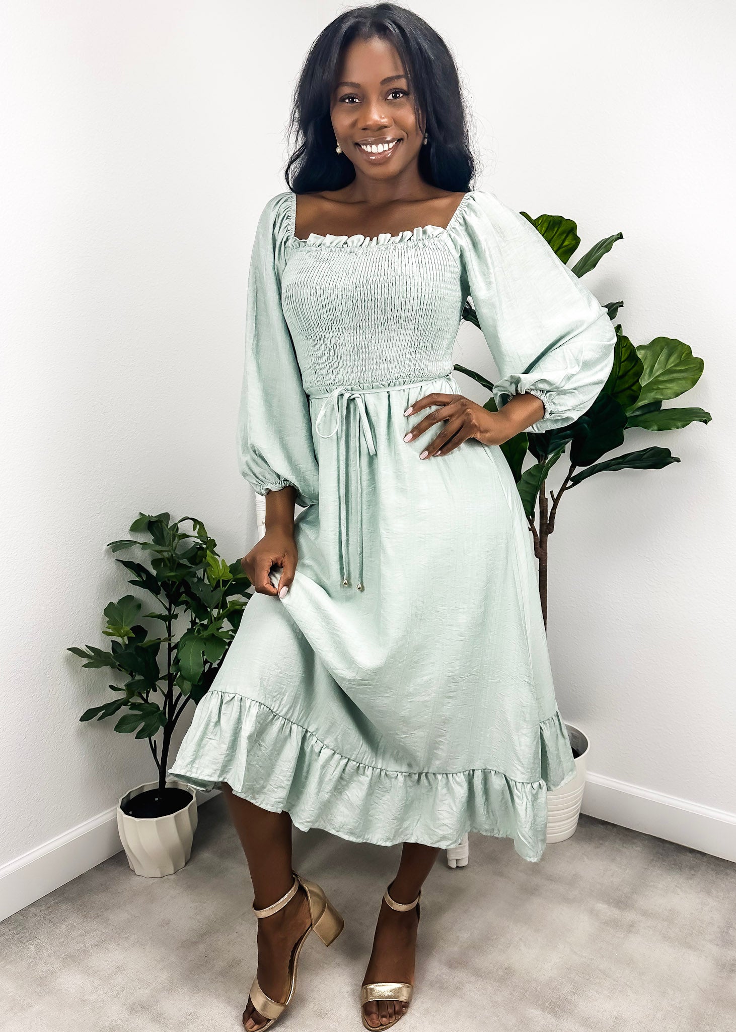 Square Neck Shirred Bishop Sleeve Ruffle Hem Dress for Women Anna Kaci