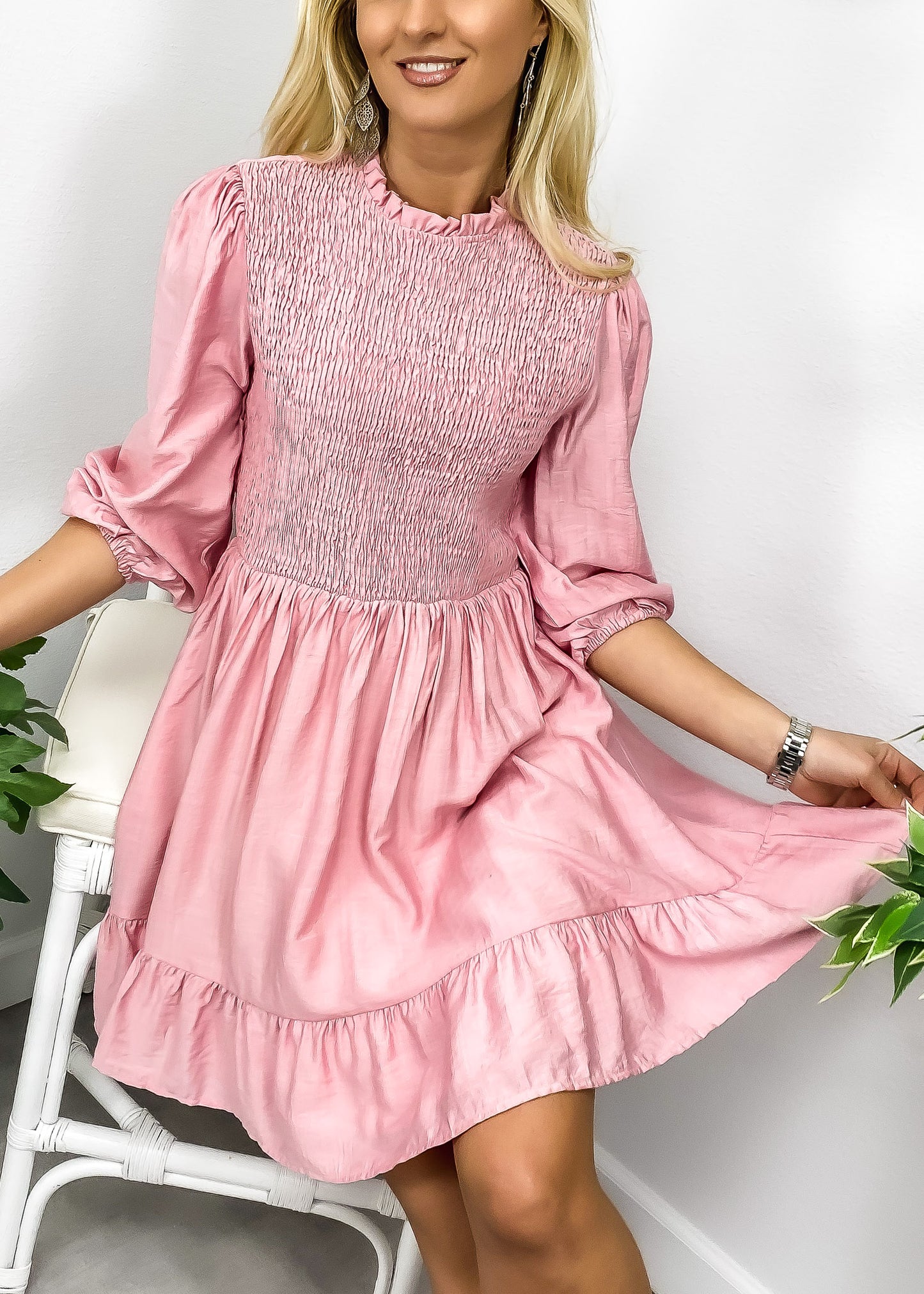 Shirred Ruffle Hem Swing Dress