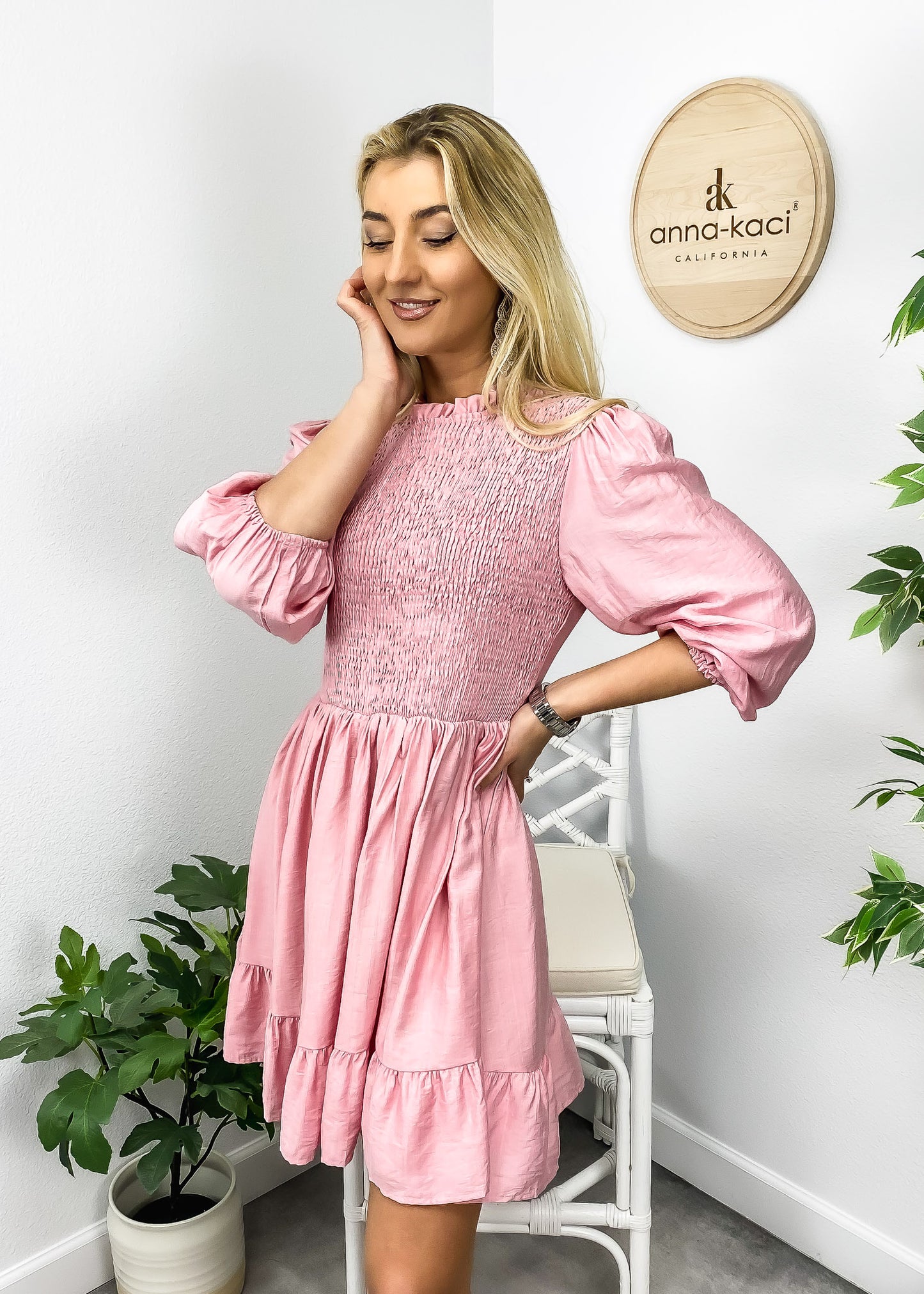 Shirred Ruffle Hem Swing Dress