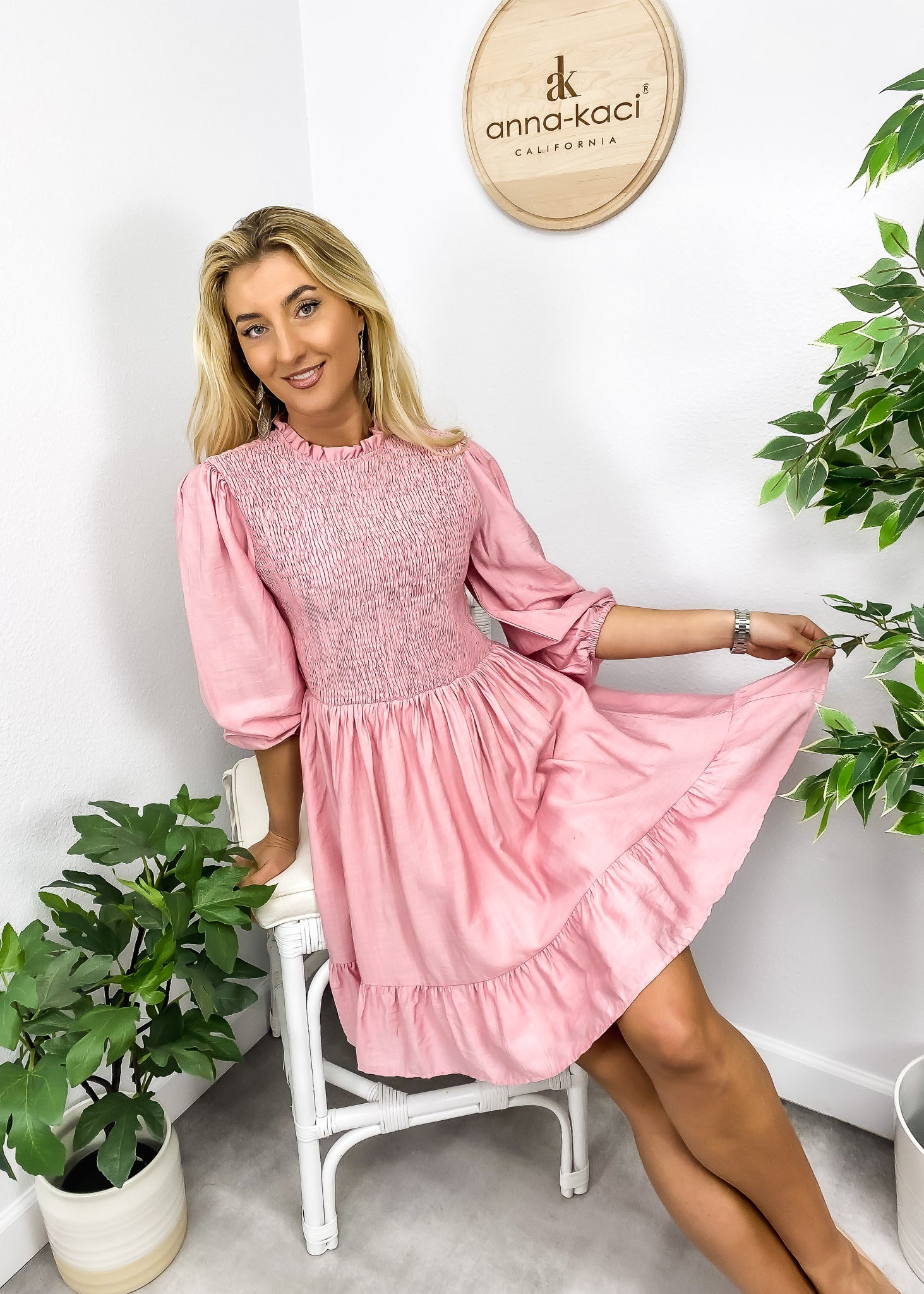 Shirred Ruffle Hem Swing Dress