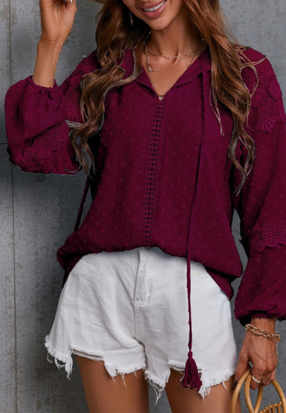 Clip Dot Lace Detail Boho Blouse
