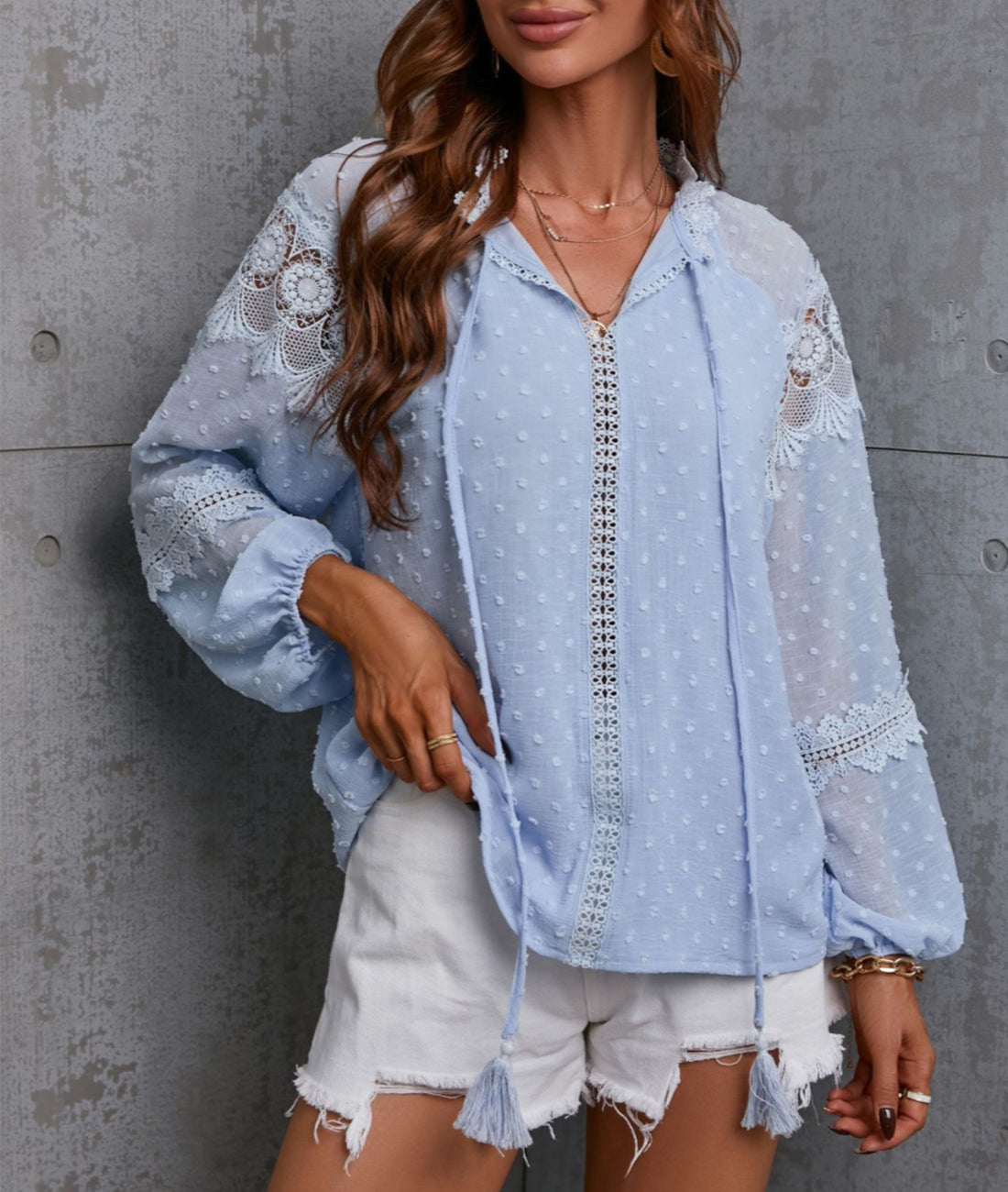 Clip Dot Lace Detail Boho Blouse
