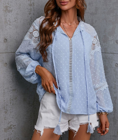 Clip Dot Lace Detail Boho Blouse