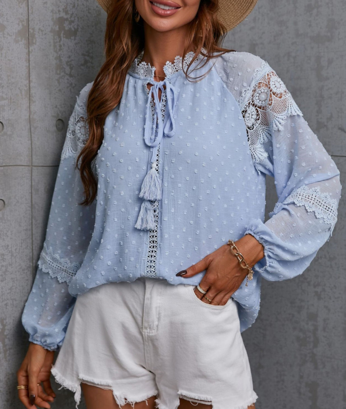 Clip Dot Lace Detail Boho Blouse