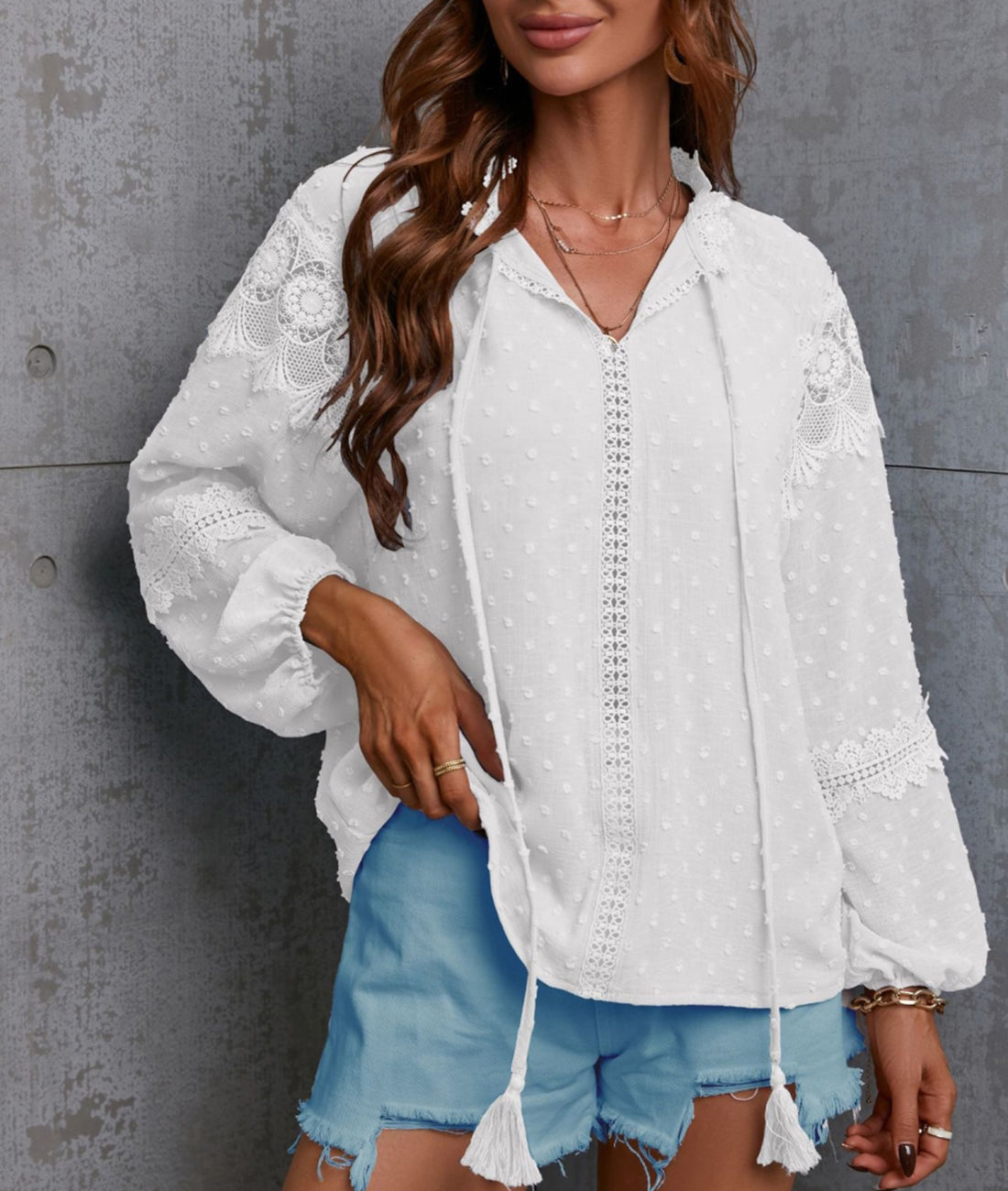 Clip Dot Lace Detail Boho Blouse