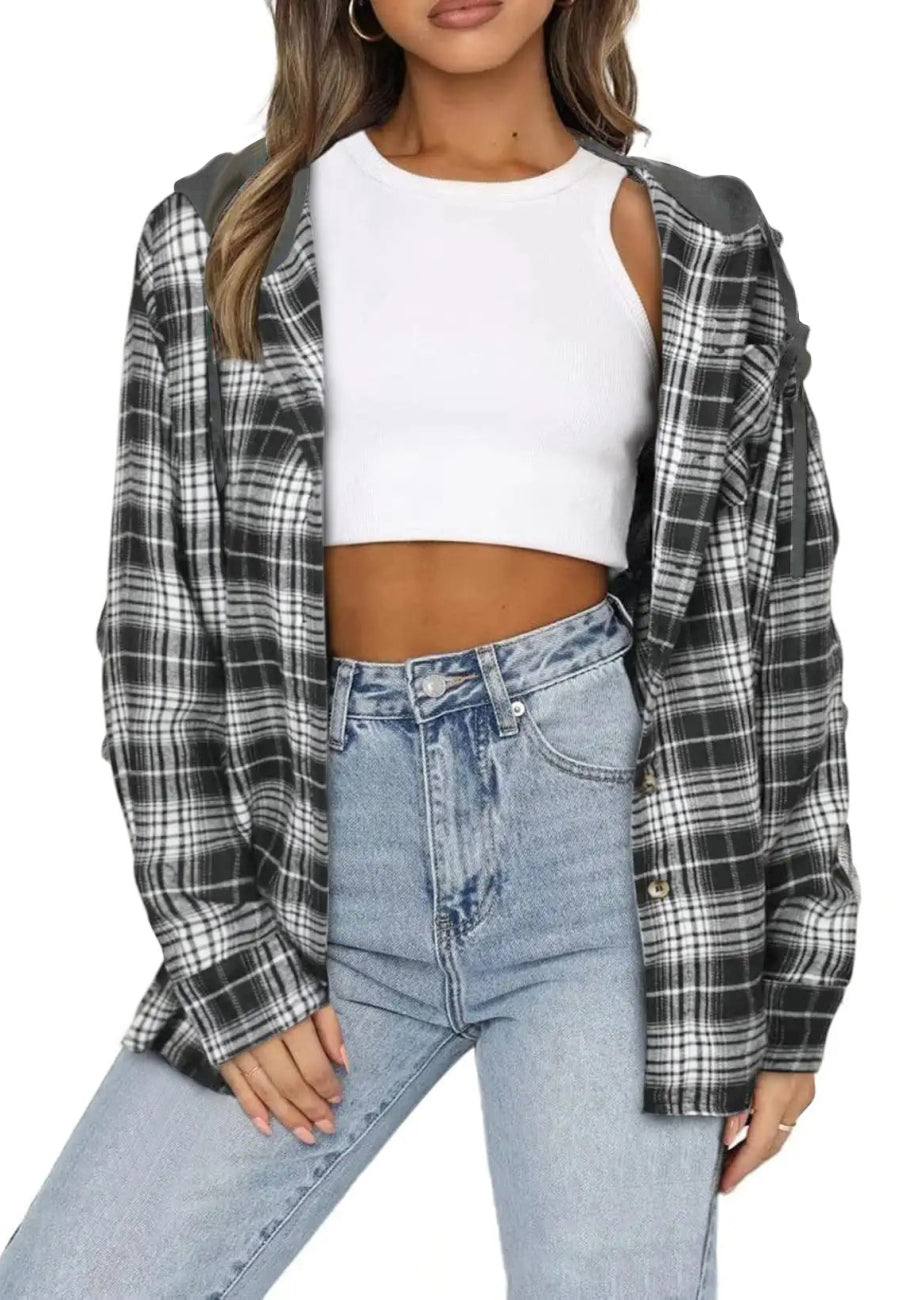 Tartan Print Button Down Drawstring Hooded Fall Jacket for Women – Anna ...