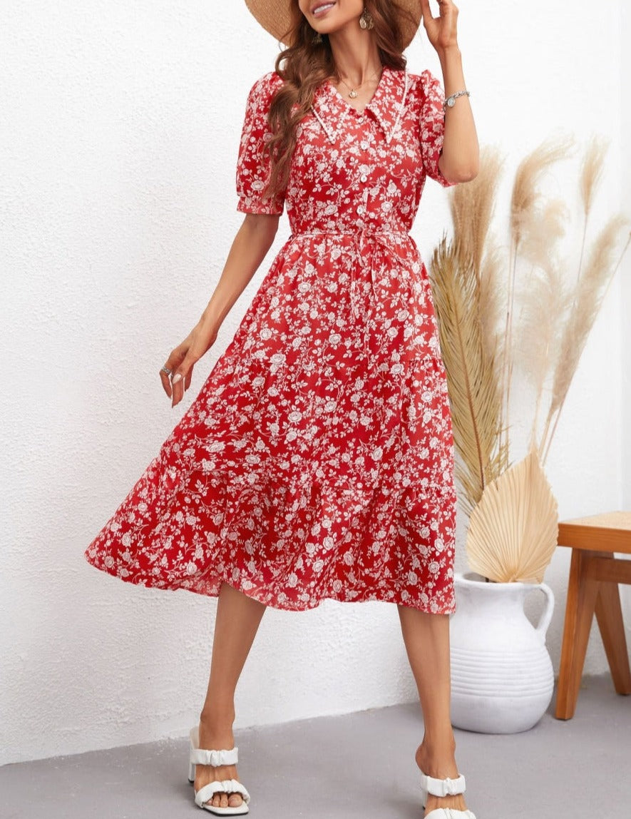 Vestido con cuello y mangas abullonadas con estampado floral