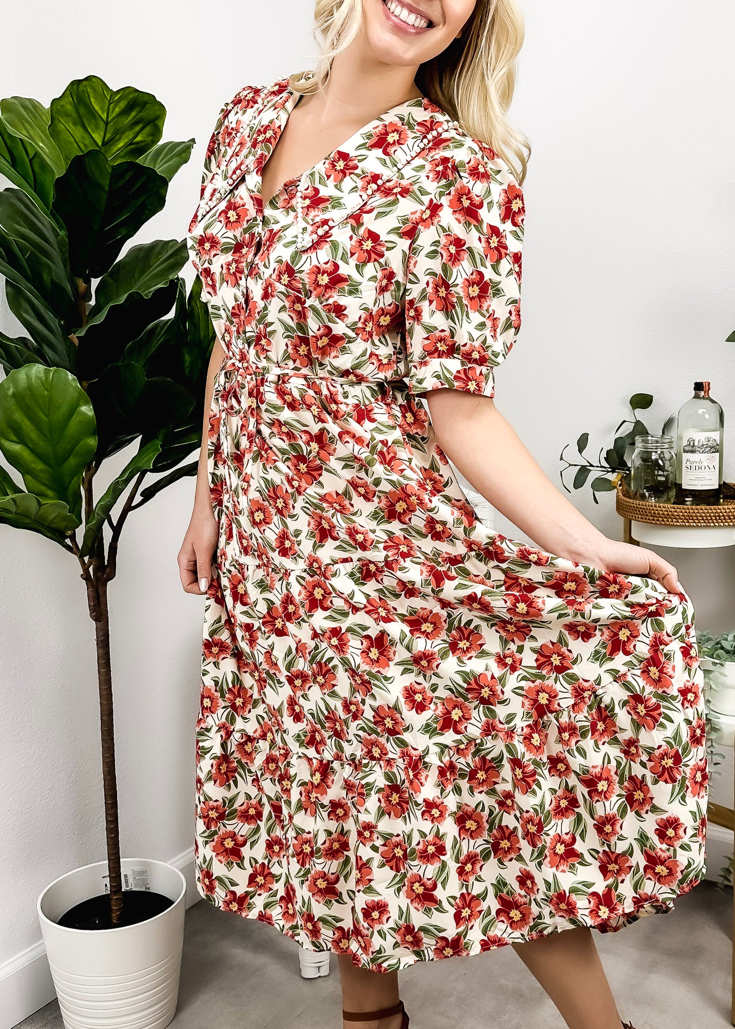 Romantic Floral Print Collared Dress