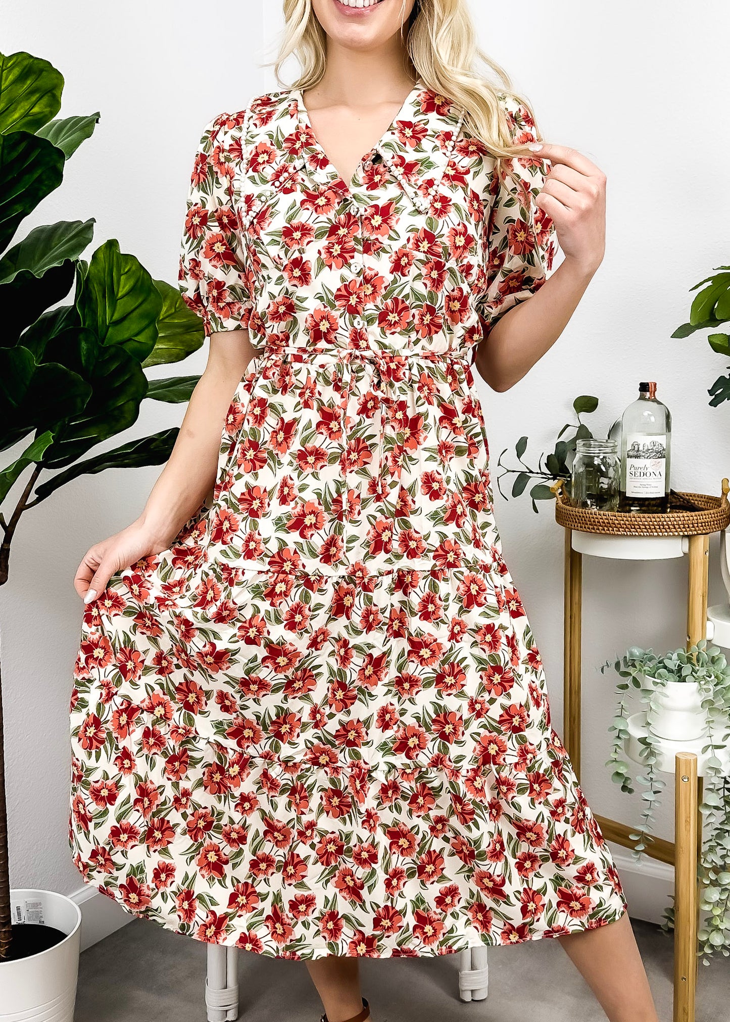 Romantic Floral Print Collared Dress