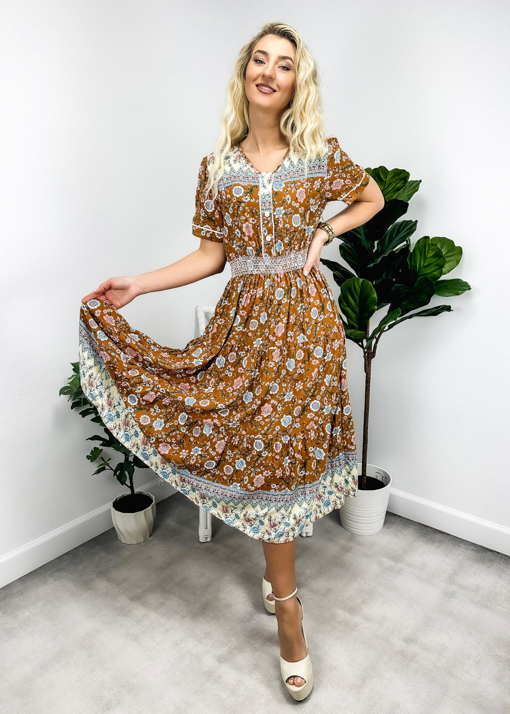 Vintage Printed Short Sleeve Dress