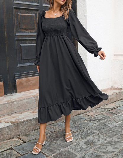 Vestido midi fruncido con escote cuadrado 