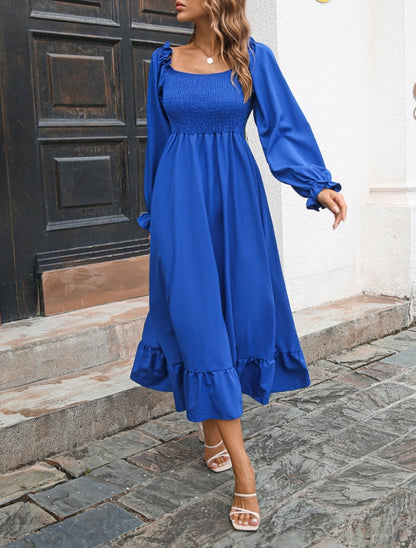 Vestido midi fruncido con escote cuadrado 