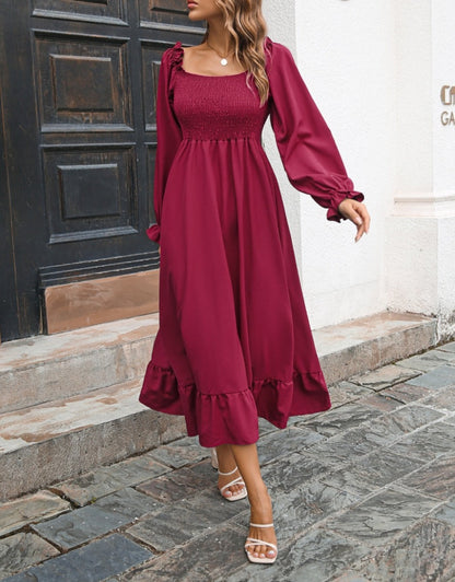Vestido midi fruncido con escote cuadrado 