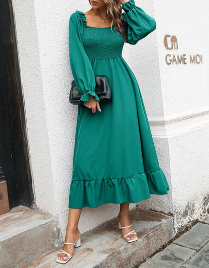 Vestido midi fruncido con escote cuadrado 