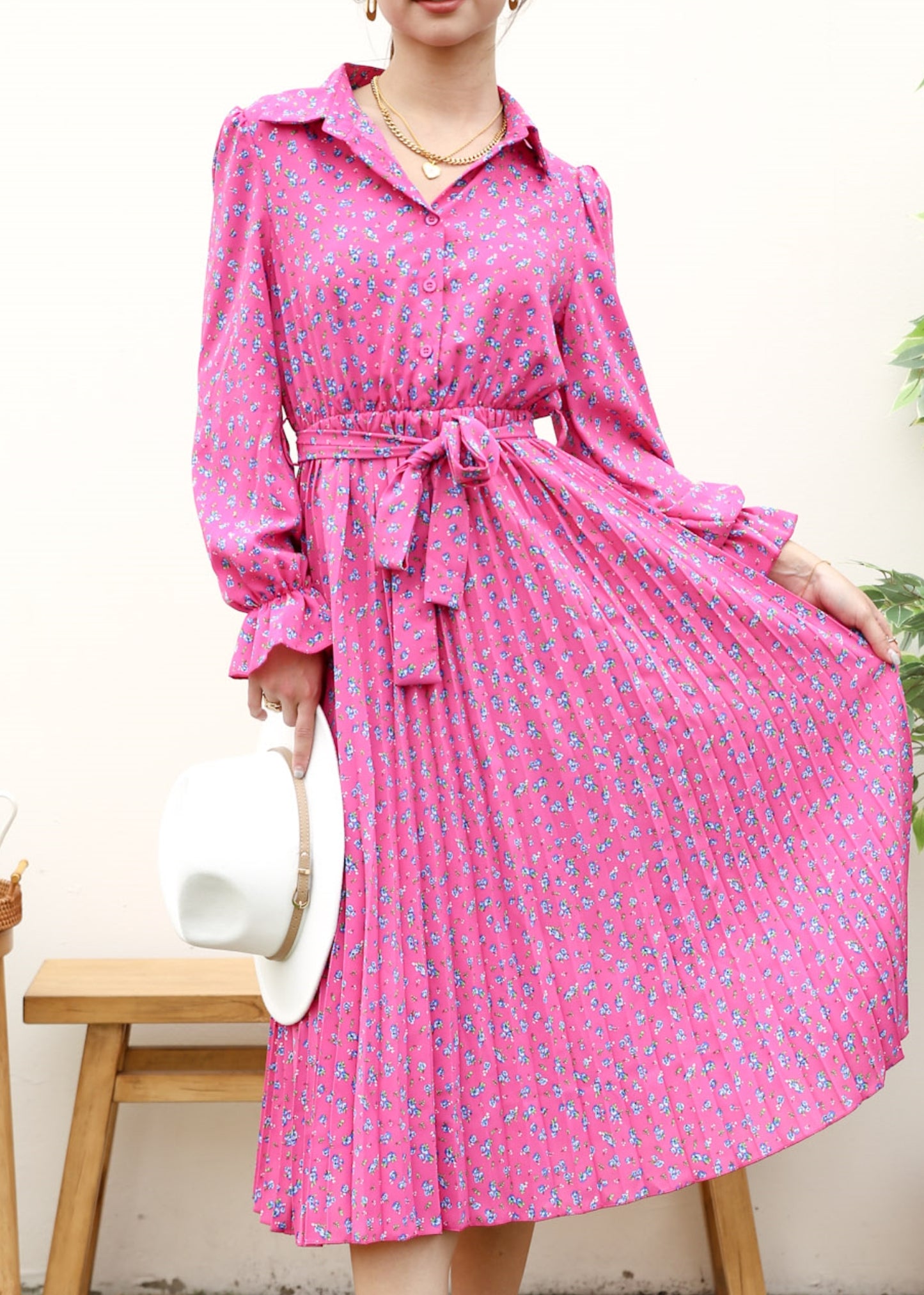 Floral Collared Pleated Dress