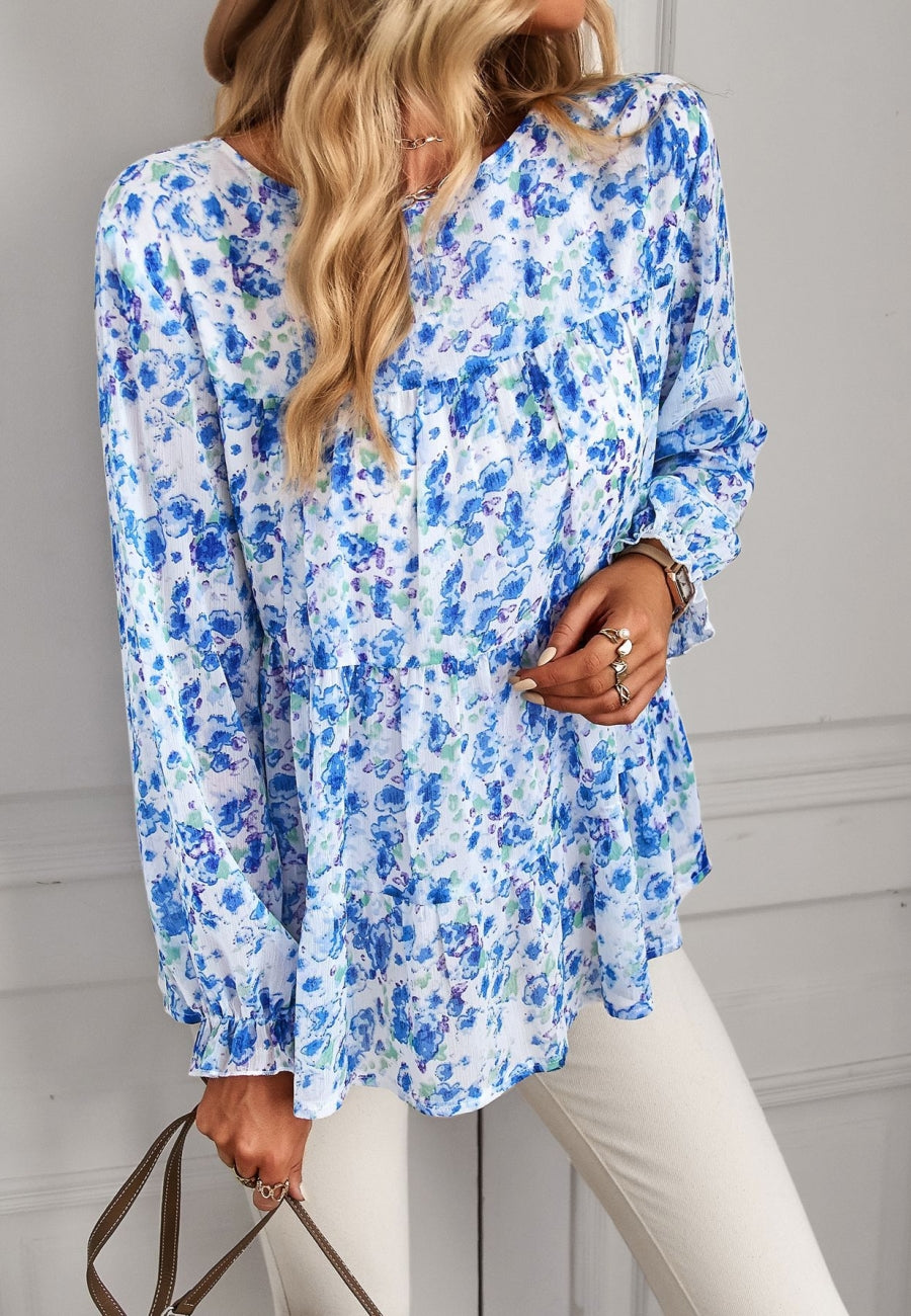 Round Neck Printed Tiered Blouse