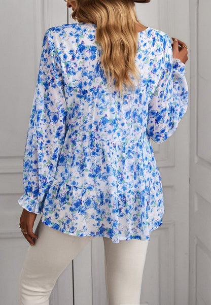 Round Neck Printed Tiered Blouse