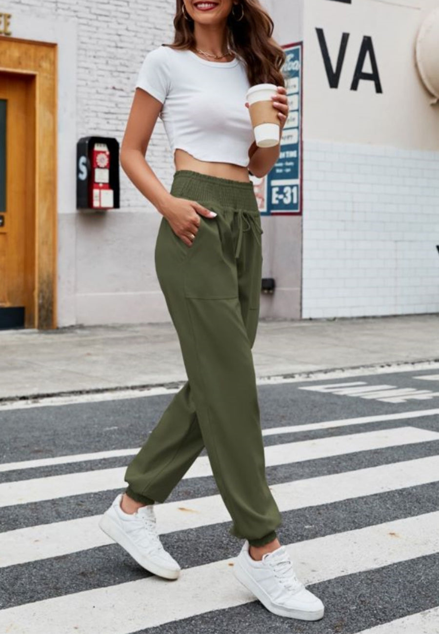 Solid Color Shirred Tie Waist Cuffed Basic Jogger Pants for Women