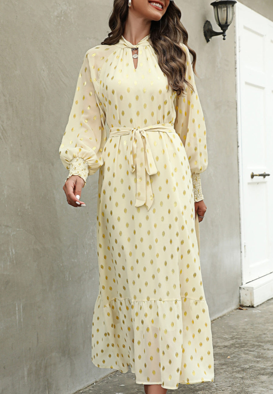 Vestido largo de manga larga con estampado de lunares 