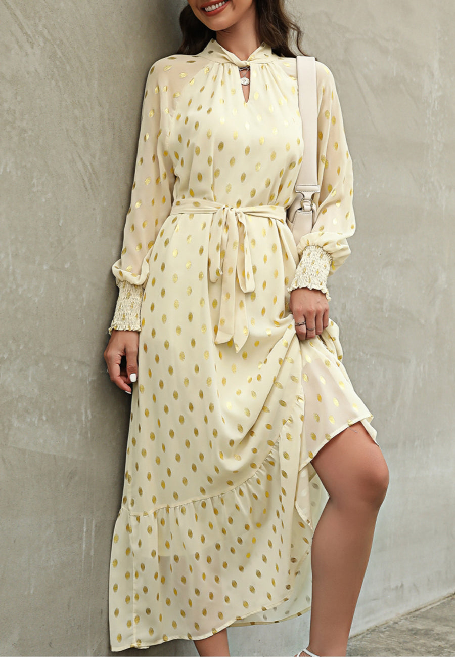 Vestido largo de manga larga con estampado de lunares 