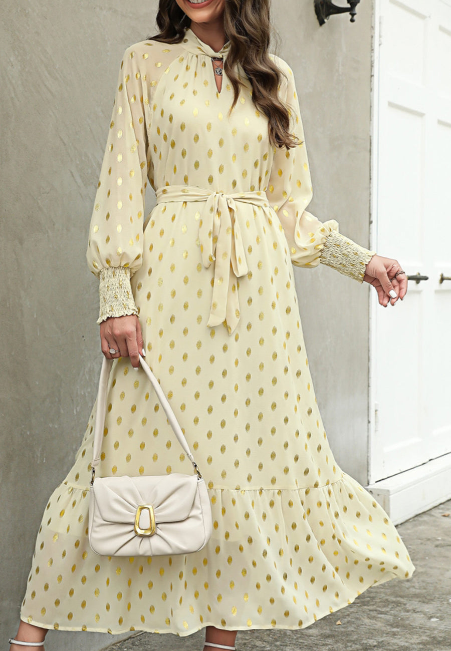 Vestido largo de manga larga con estampado de lunares 