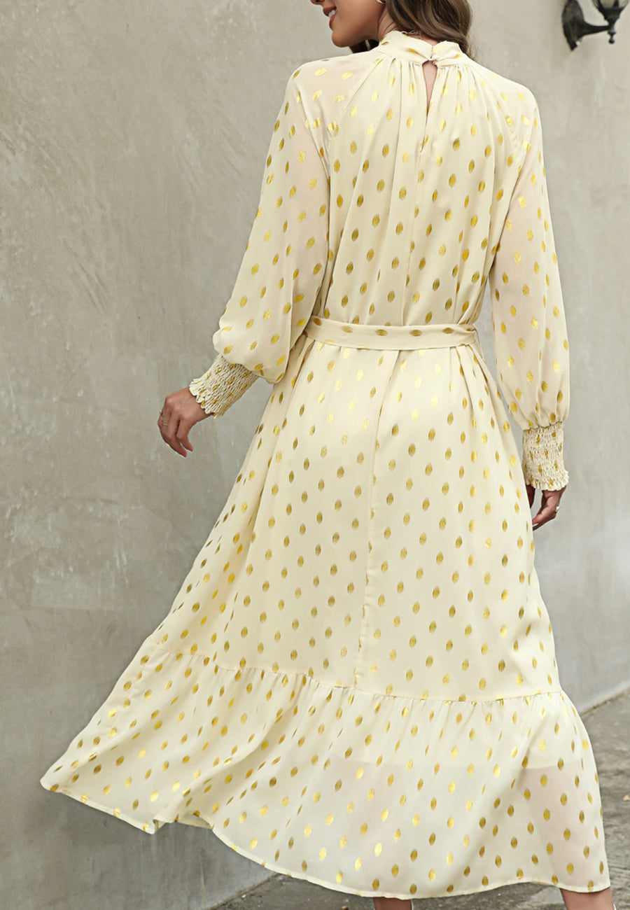 Vestido largo de manga larga con estampado de lunares 