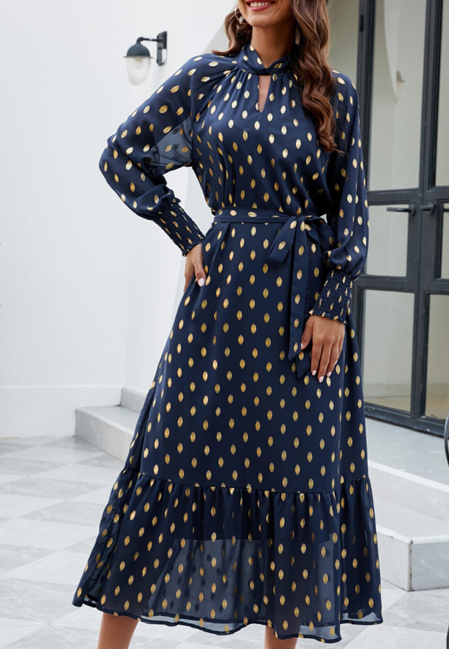 Vestido largo de manga larga con estampado de lunares 