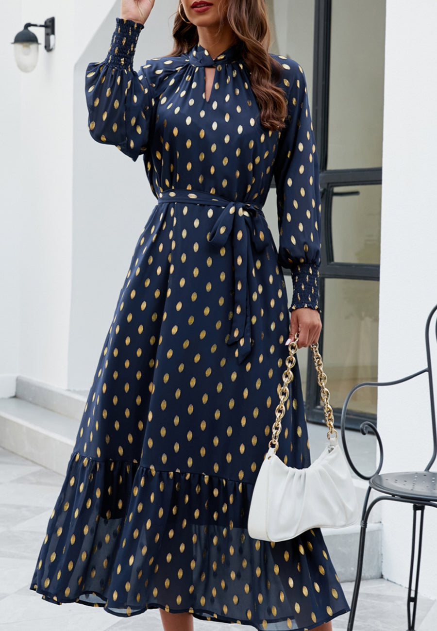 Vestido largo de manga larga con estampado de lunares 