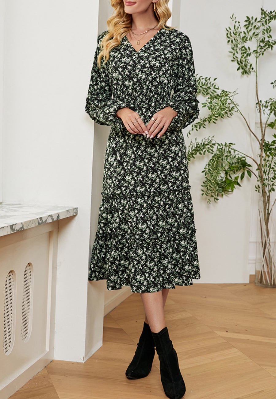Vestido midi con escote en V y estampado floral 