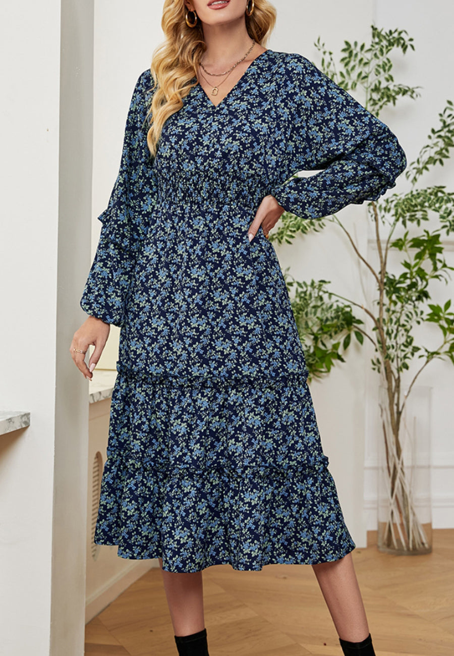 Vestido midi con escote en V y estampado floral 