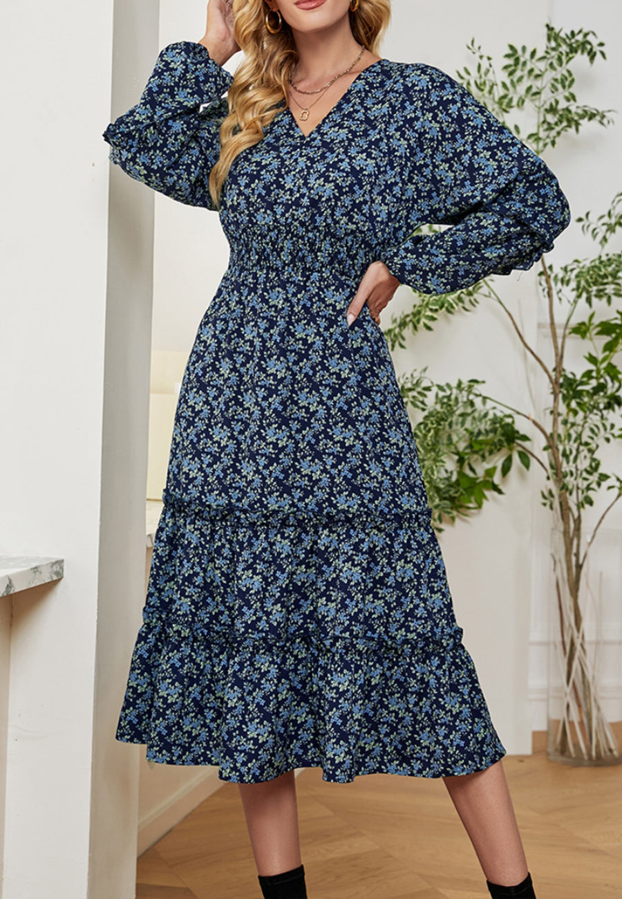 Vestido midi con escote en V y estampado floral 
