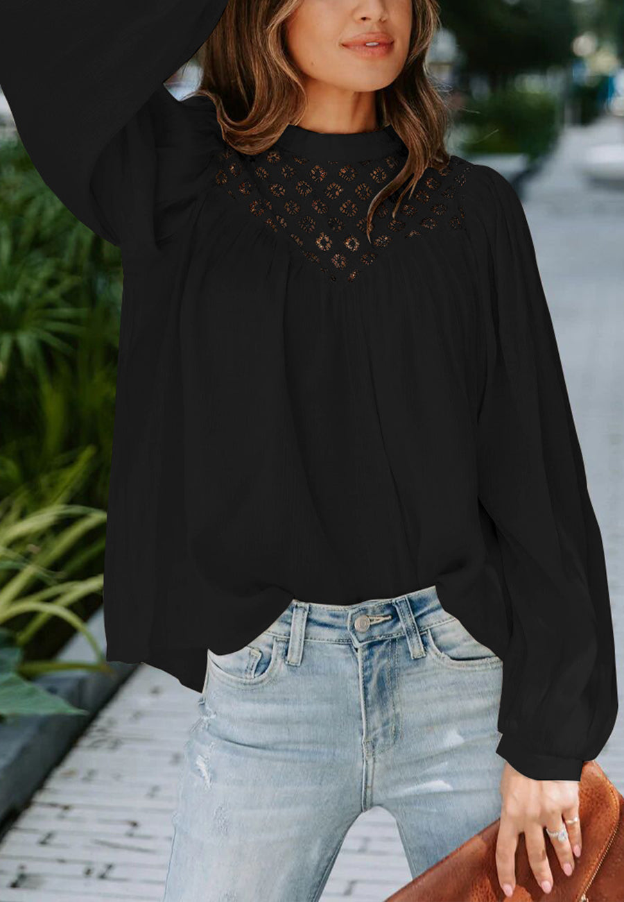 Blusa con mangas de obispo y detalle de encaje 