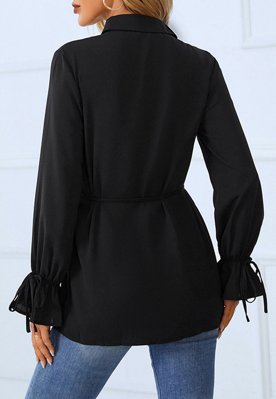 Solid Color Tie Waist Button Down Collared Polo Shirt for