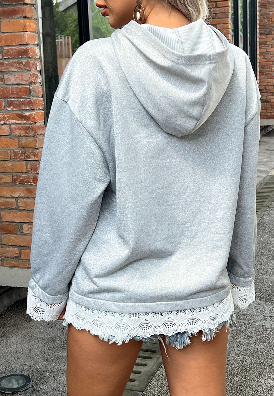 Sudadera con capucha y ribete de encaje de color liso 