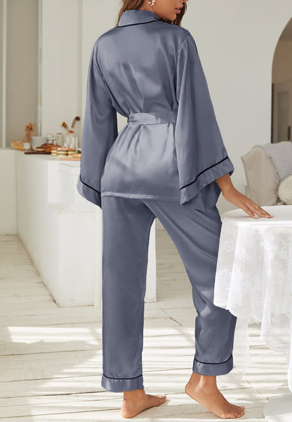 Contrast Piping Robe Top and Pajama