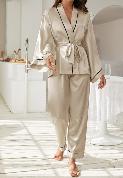 Contrast Piping Robe Top and Pajama
