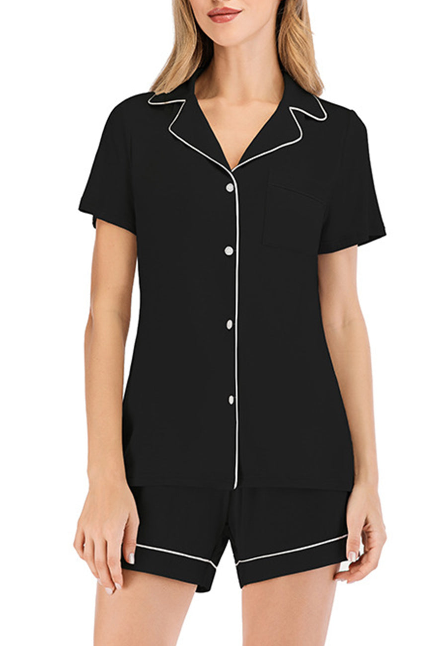 Anna-Kaci Lounge Women's Short Sleeve Button-Up Pajama Set with Contrast Piping and Front Pockets