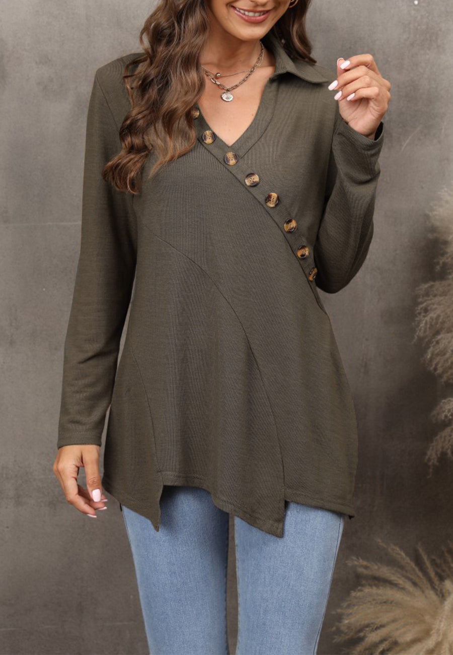 Contrast Button Asymmetrical Hem Sweater