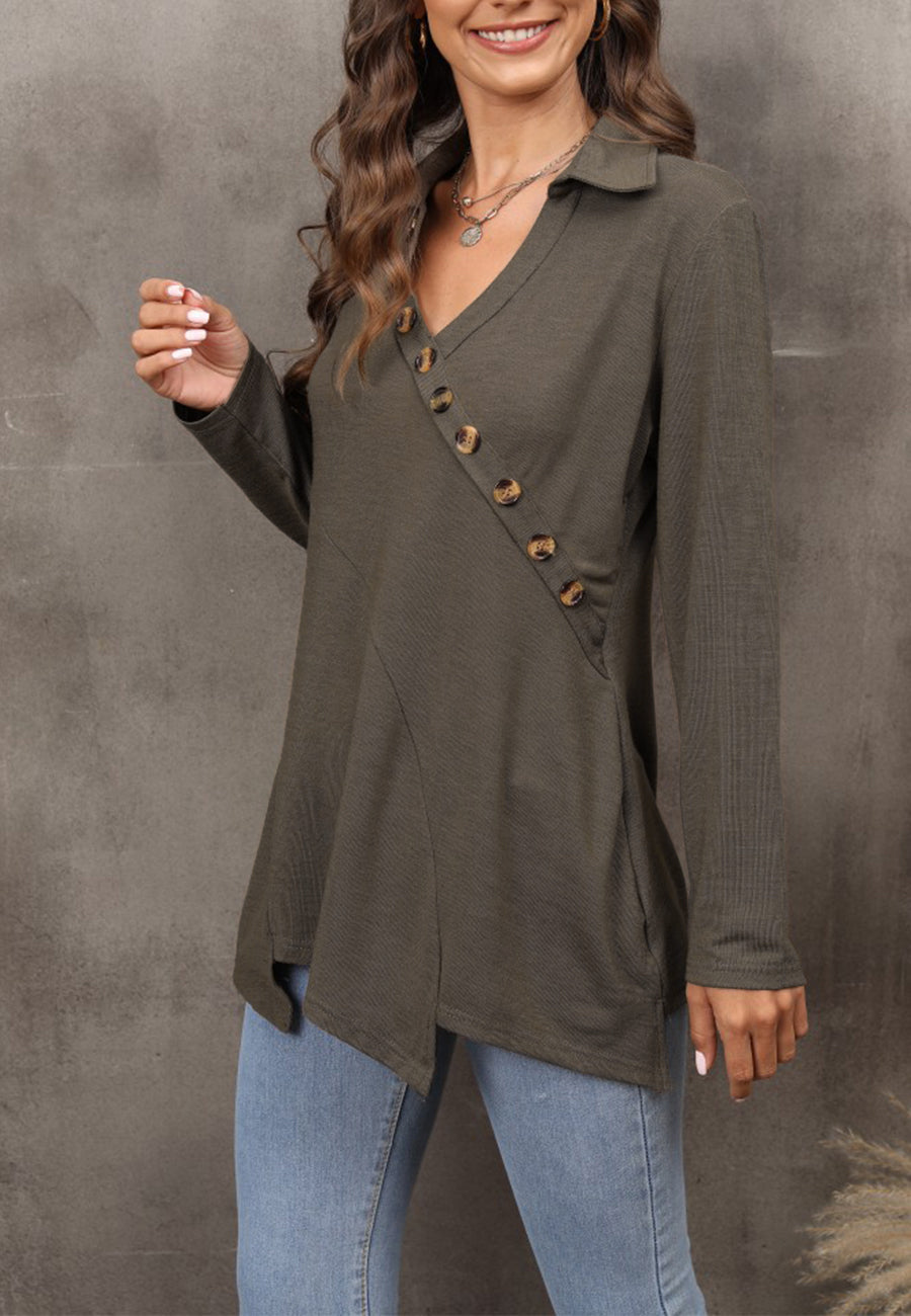 Contrast Button Asymmetrical Hem Sweater