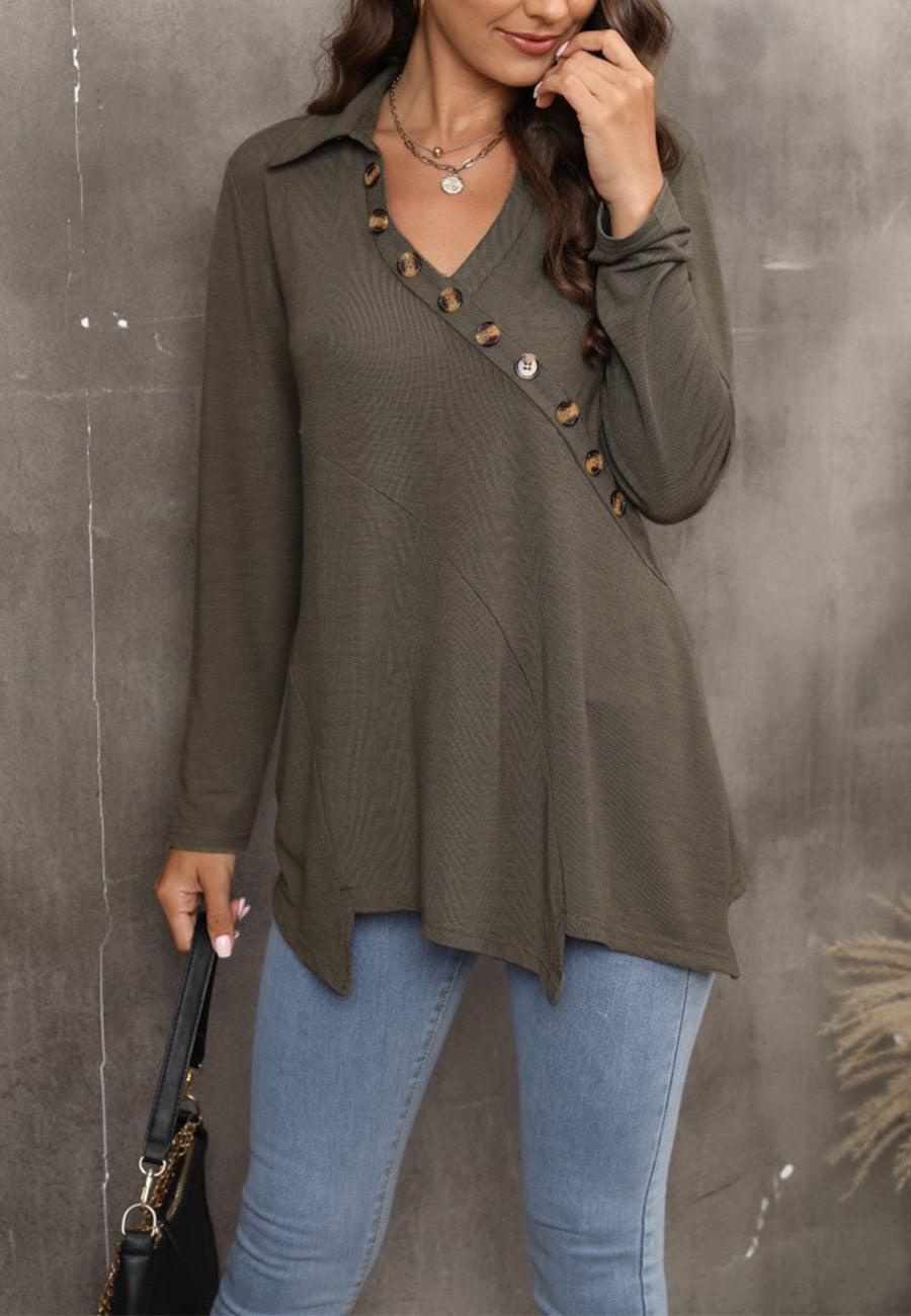 Contrast Button Asymmetrical Hem Sweater