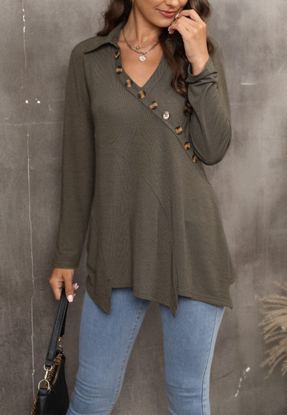 Contrast Button Asymmetrical Hem Sweater